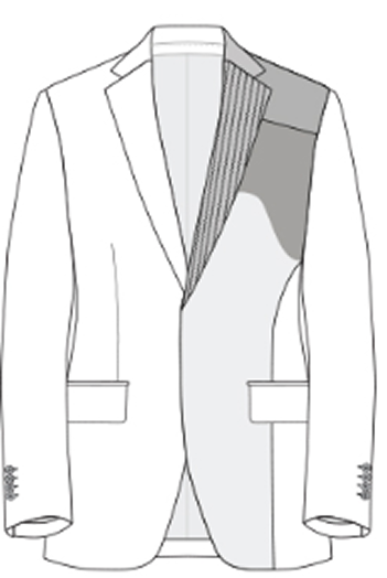 Illustration of a suit jacket highlighting a full canvas layer sewn inside from shoulders down to the hem in a minimal line graphic style