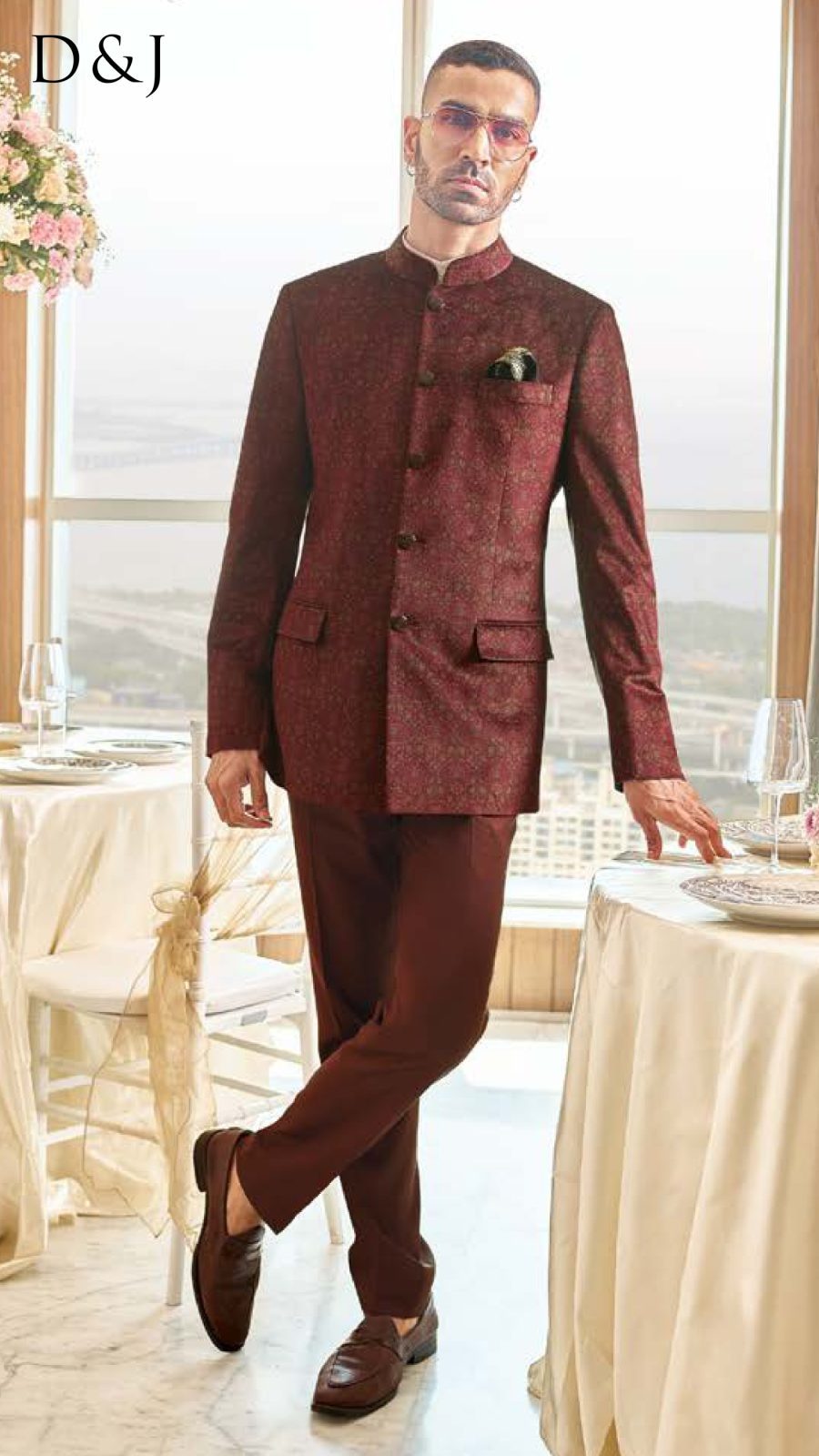 Burgundy Brocade Bandhgala Ensemble