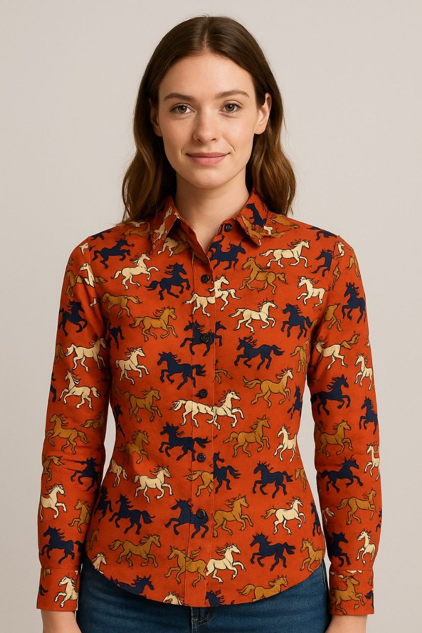 Women's Horse Print Button-Up Shirt