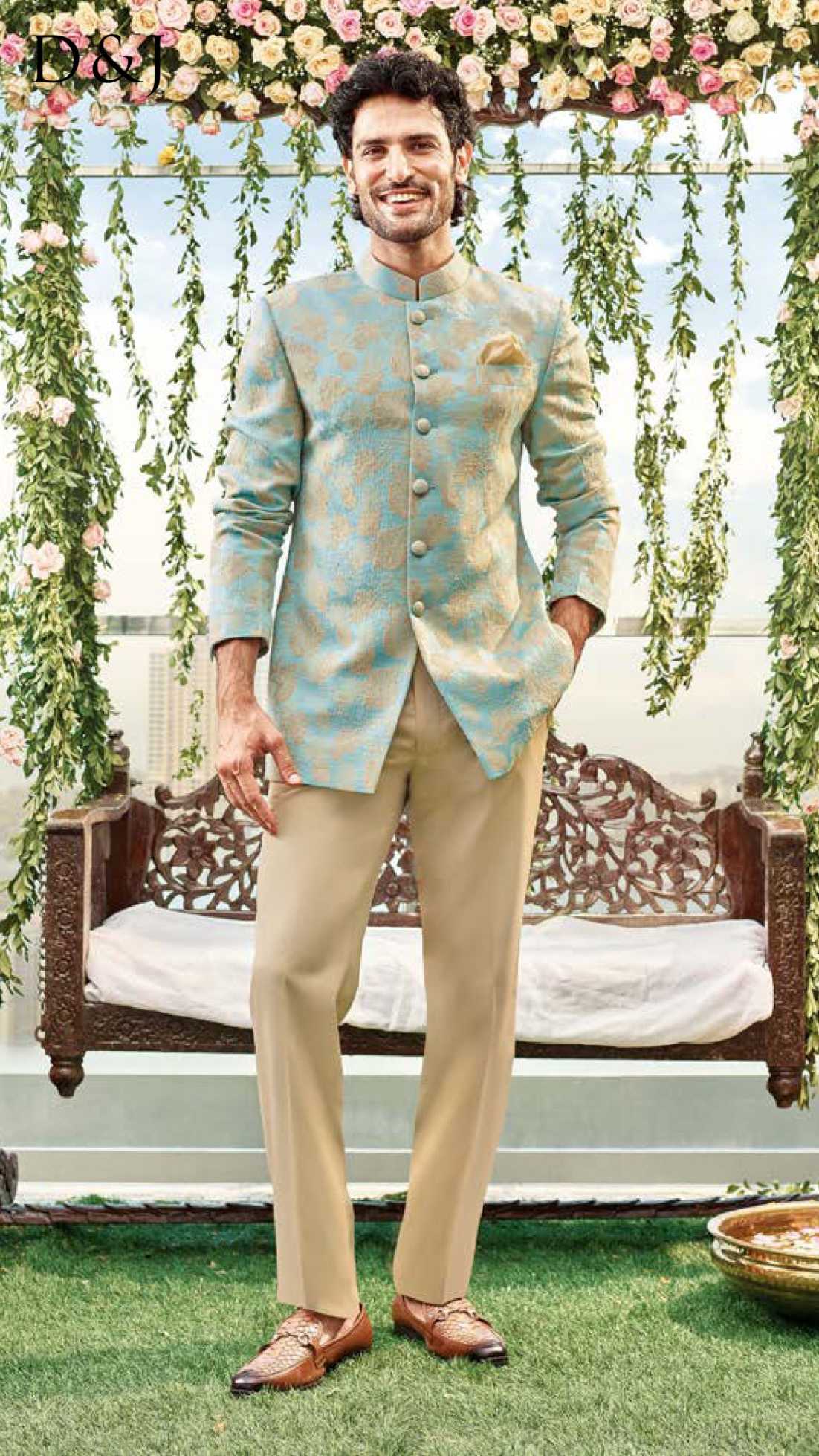 Aqua Gold Brocade Bandhgala Set