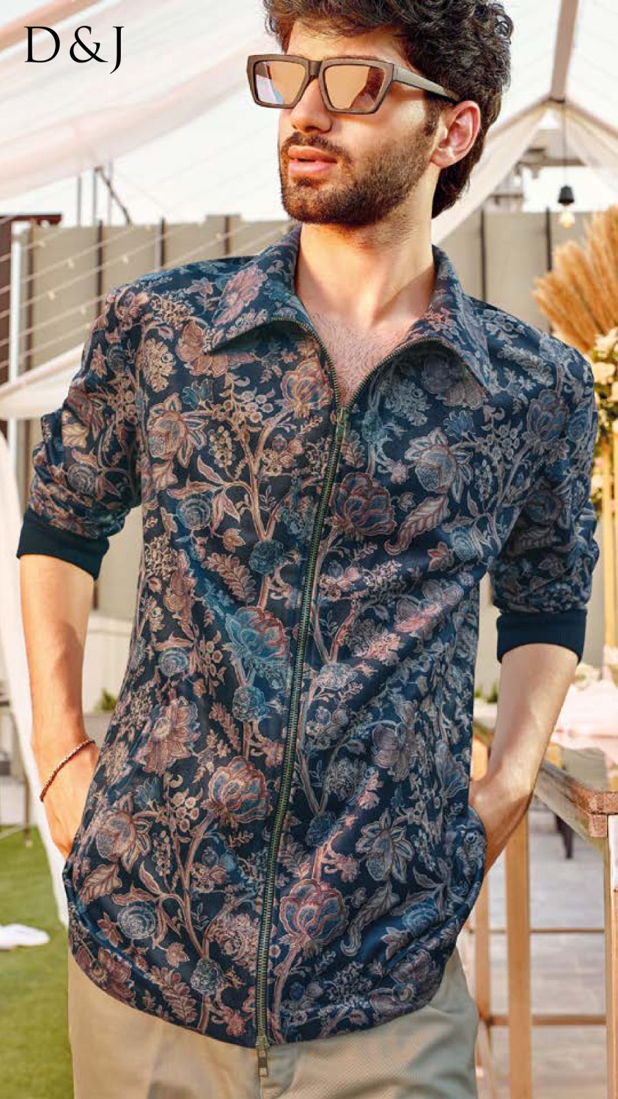 Midnight Botanical Zipper Jacket with Neutral Trousers