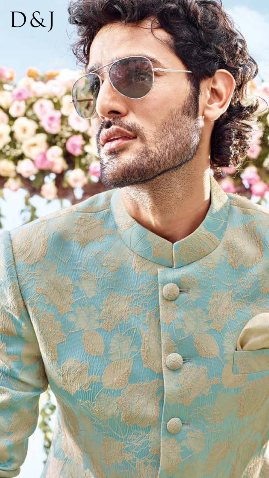 Aqua Gold Brocade Bandhgala Set